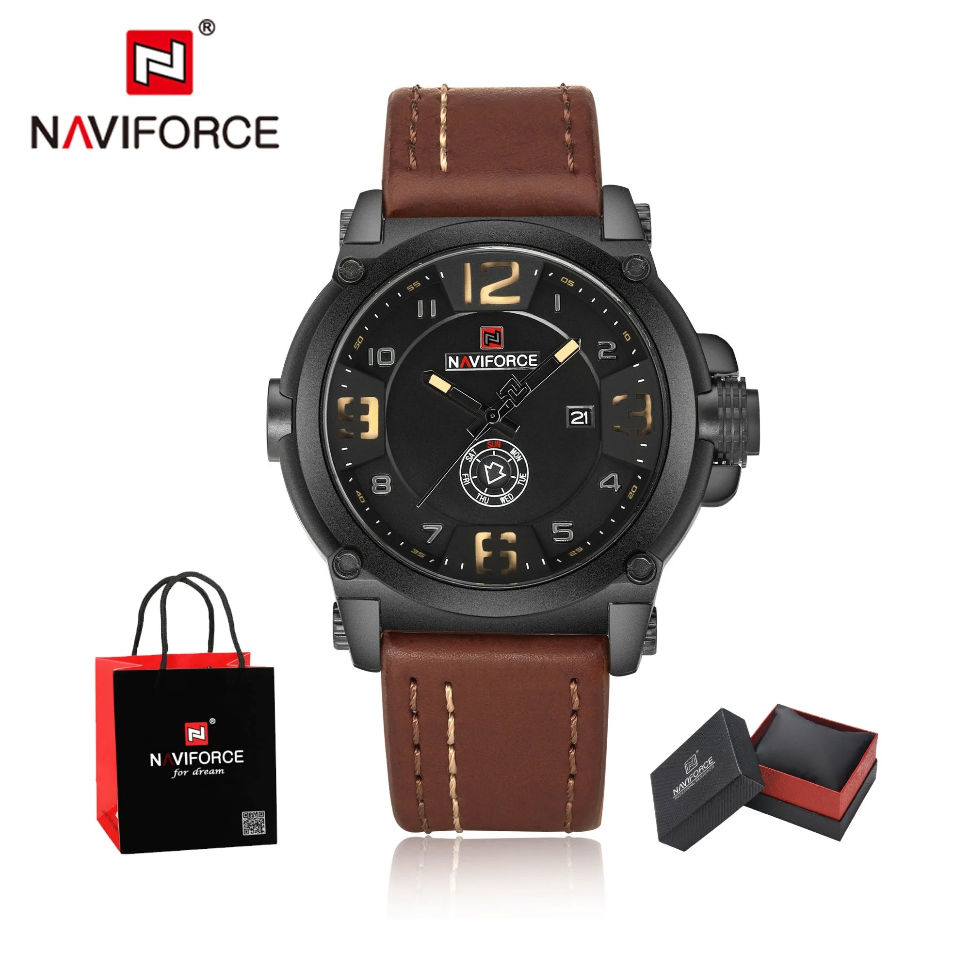 NAVIFORCE NF9099 Military Leather Quartz Watch Male Waterproof Clock Boy Sports Watches