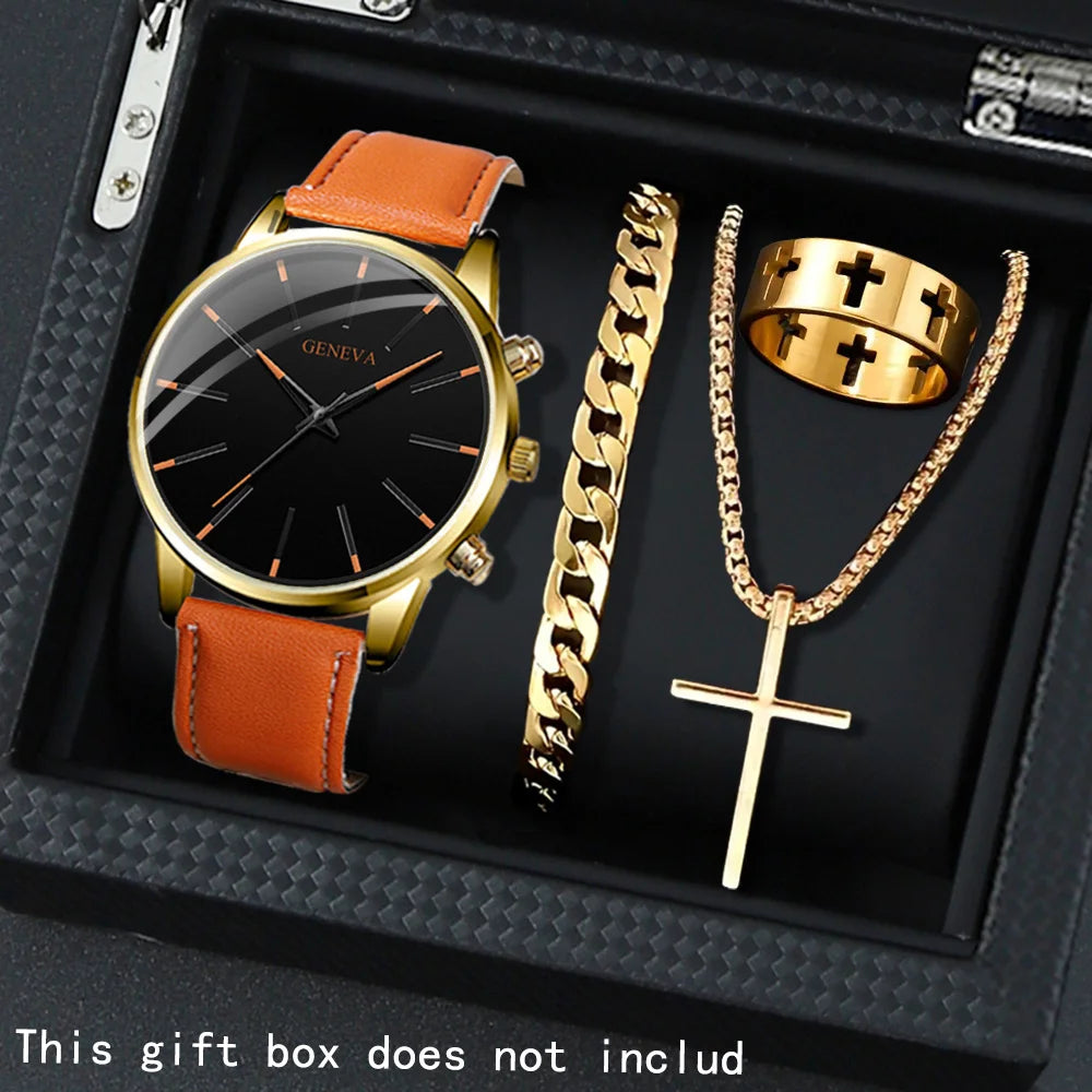 4 Pcs/set, Casual Men's Watchs Men's Watch Set Quartz Watch PU Leather Strap, The Most Ideal Gift for Men!