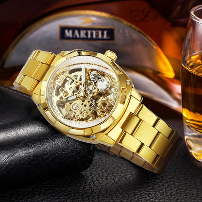 Forsining Gold Mens Watches Top Brand Luxury Skeleton Automatic Mechanical Watch for Men Stainless Steel Band Fashion Wristwatch