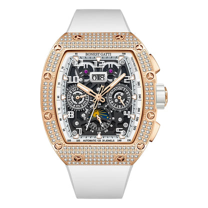 BONEST GATTI Automatic Watch Tonneau Mechanical Wristwatch Diamond Bezel Rubber Strap Watches For Men