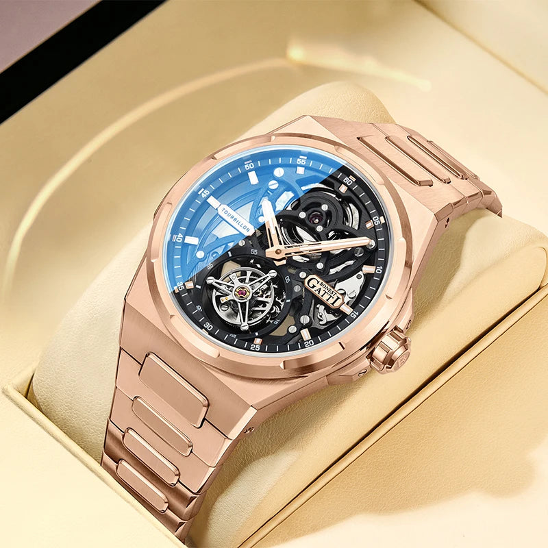 BONEST GATTI New Infinite Series Watch Men Tourbillon Full Automatic Mechanical Skeleton Wristwatch Stainless Steel Strap