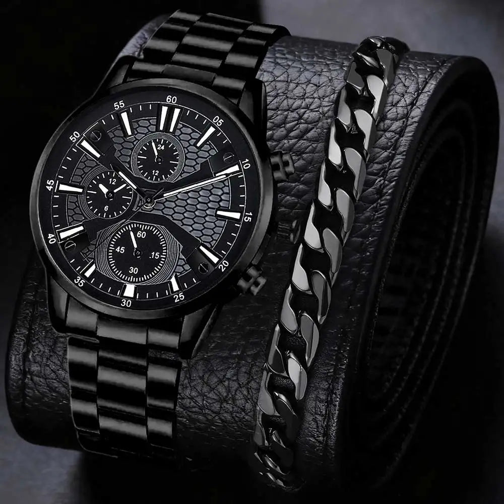2/4PCS Black Men's Watch Set Business Trend Fashion Quartz Watch Jewelry Set Suitable for Daily Clothing Matching Perfect