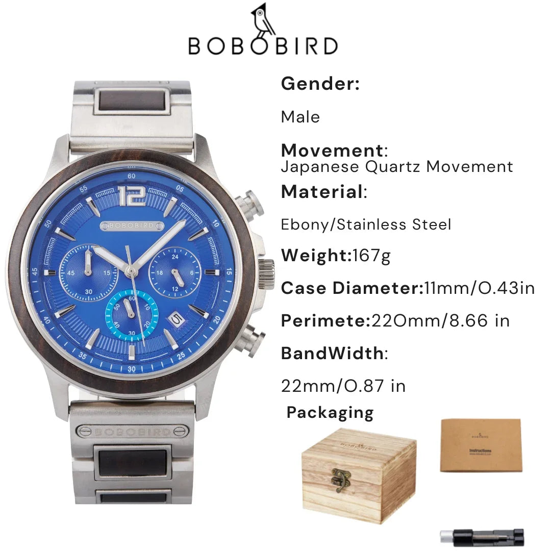 BOBOBIRD High Quality Men's Wood Watch Quartz Chronograph with Date Stainless Steel Wristwatch Gift for Him Support Dropshipping