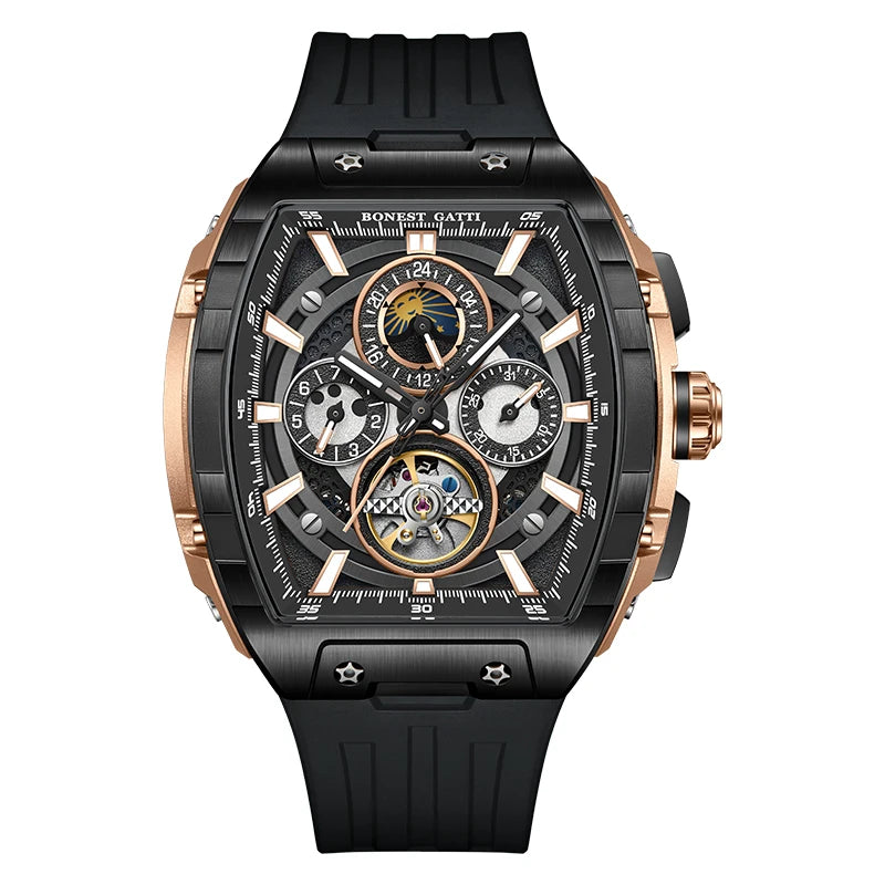 BONEST GATTI Men Automatic Watch 47 mm Tonneau Mechanical Wristwatch Waterproof Sapphire Luminous Multi-Dial Week Date 24 Hours