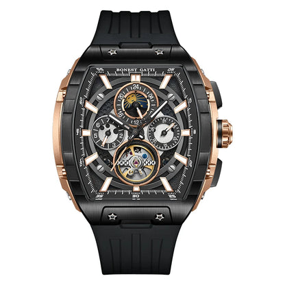 BONEST GATTI Men Automatic Watch 47 mm Tonneau Mechanical Wristwatch Waterproof Sapphire Luminous Multi-Dial Week Date 24 Hours