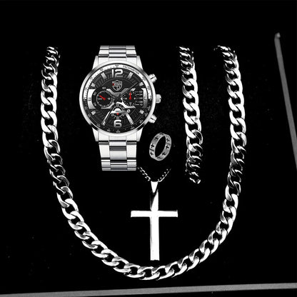 5PCS Set DEYROS Fashion Mens Calendar Watches Men Business Stainless Steel Quartz Wristwatch Male Casual Necklace Bracelet Watch