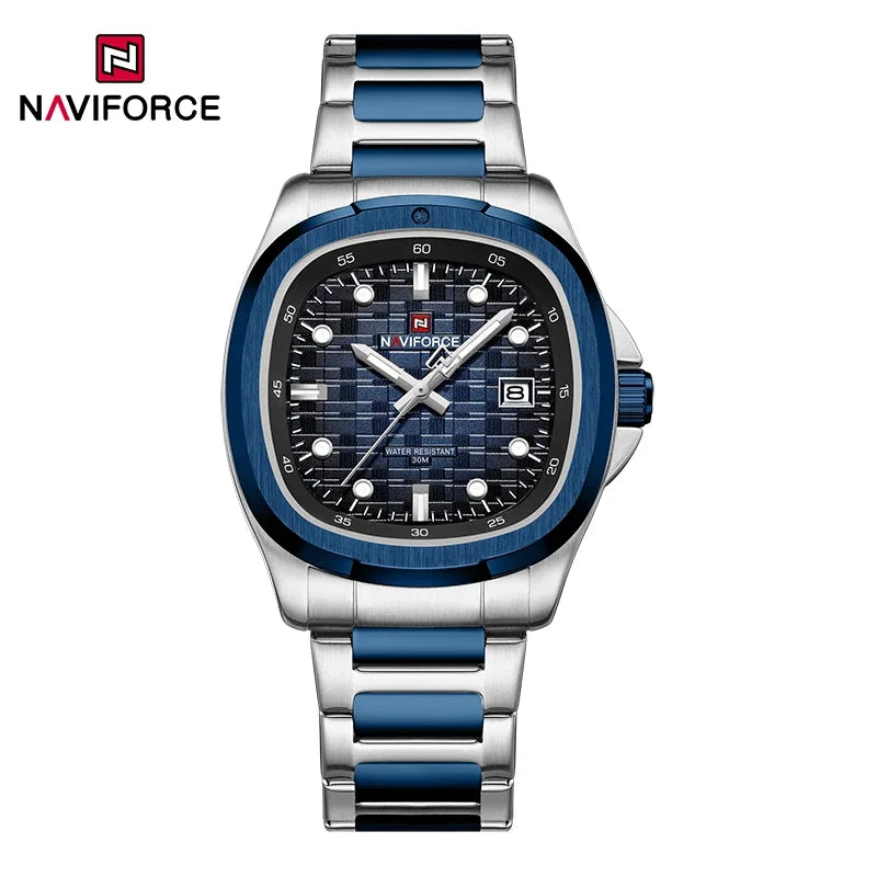 NAVIFORCE Fashion Men's Business Quartz Watch Stainless Steel Luminous Calendar Clock Male Square Dial Sports Wristwatch