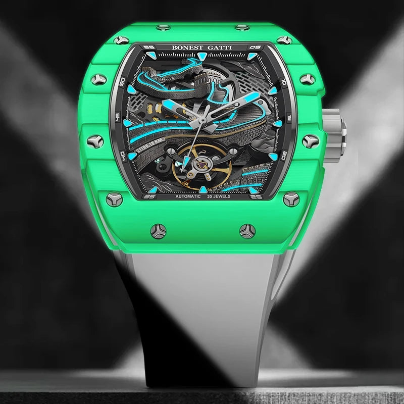 BONEST GATTI Men Automatic Watch 51mm Tonneau Mechanical Wristwatch Carbon Fiber Sapphire Mirror Luminous Great Wall Dial
