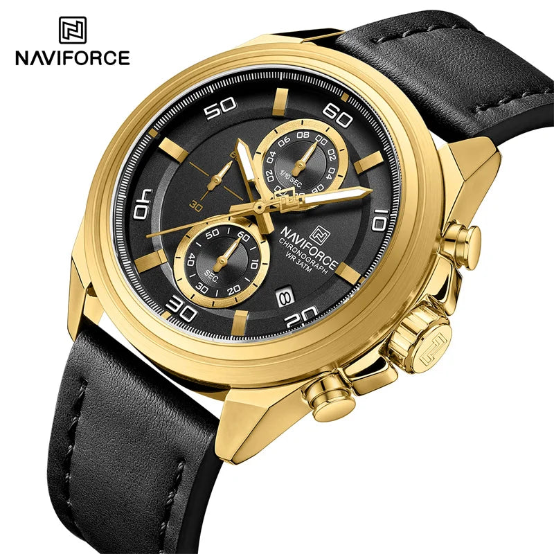 NAVIFROCE Business Casual Mens Watch 3ATM Water-Resistant Calendar Luminous Dial With Leather Strap For Gifts Original Design