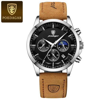 POEDAGAR Original Military Men Clock Waterproof Luminous Leather Quartz Man Watch Chronograph Date Luxury Business Men's Watches