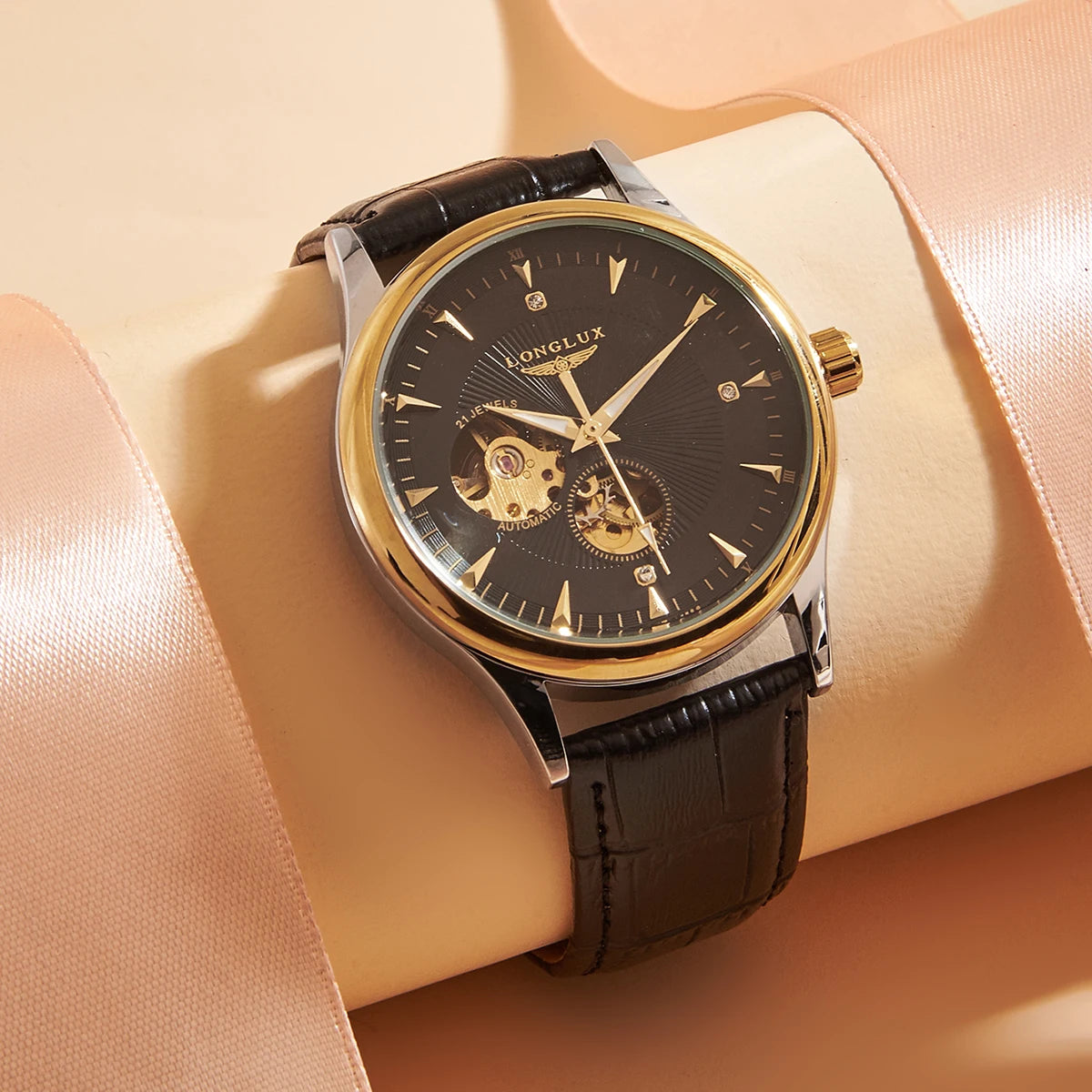 LONGLUX automatic watch elegant style wholesale mechanical wristwatches skeleton rome waterproof  mens watch men gift