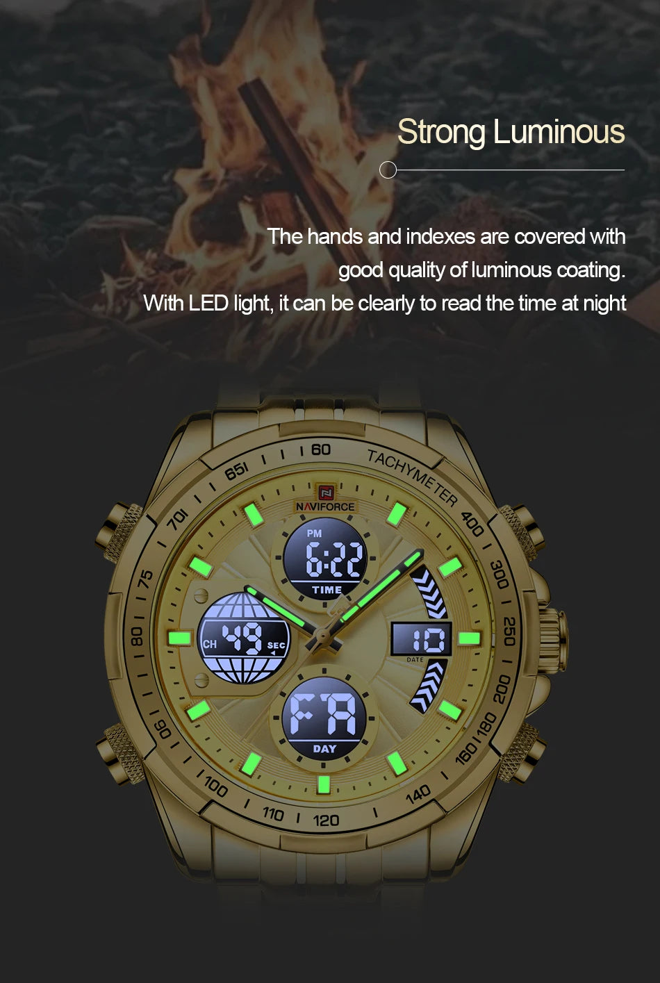 Top Luxury NAVIFORCE Gold Watches for Men Quartz Military Digital Sports Wrist Watch Steel Band Waterproof Luminous Alarm Clock