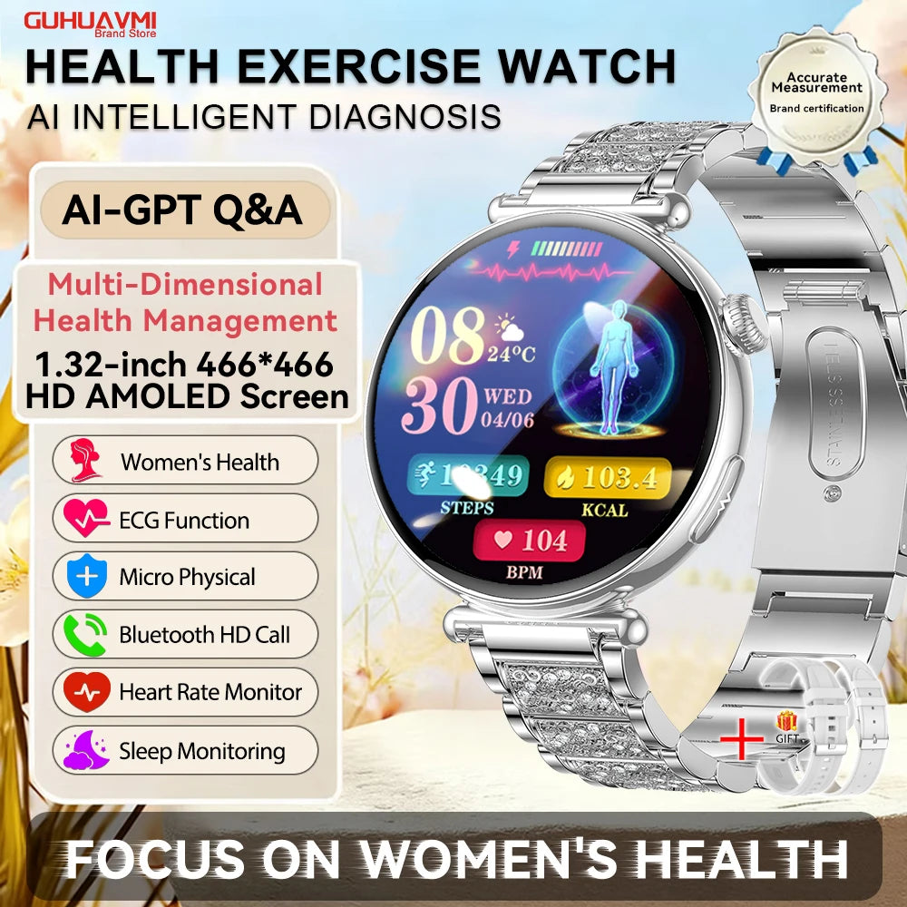 2026 New Women AI Smart Diagnosis Smart Watch HRV+ECG Uric Acid Blood Oxygen Health Monitor IP68 Waterproof Sports Smart Watches