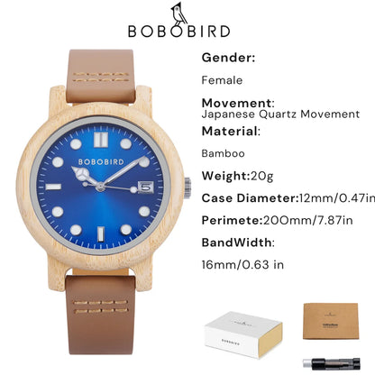 BOBO BIRD Bamboo Ladies Wristwatch for Women with Genuine Leather Strap Natural Lightweight Elegant Fashion Gift Watch for Her