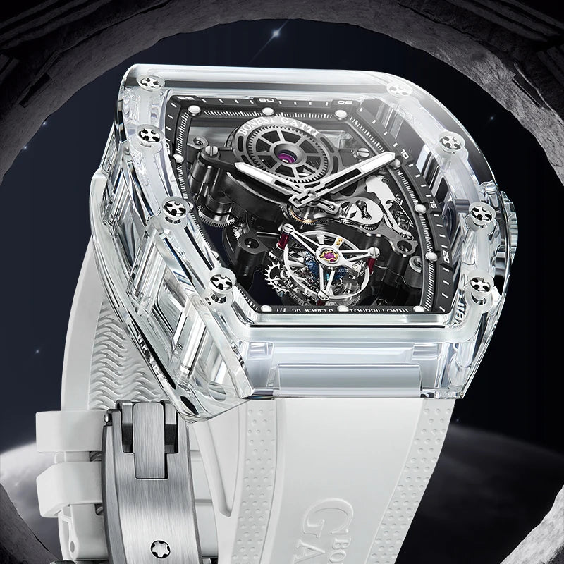 ChronoState BONEST GATTI Tourbillon – Automatic Crystal Skeleton Watch | Sapphire Luminous Rubber Strap Timepiece