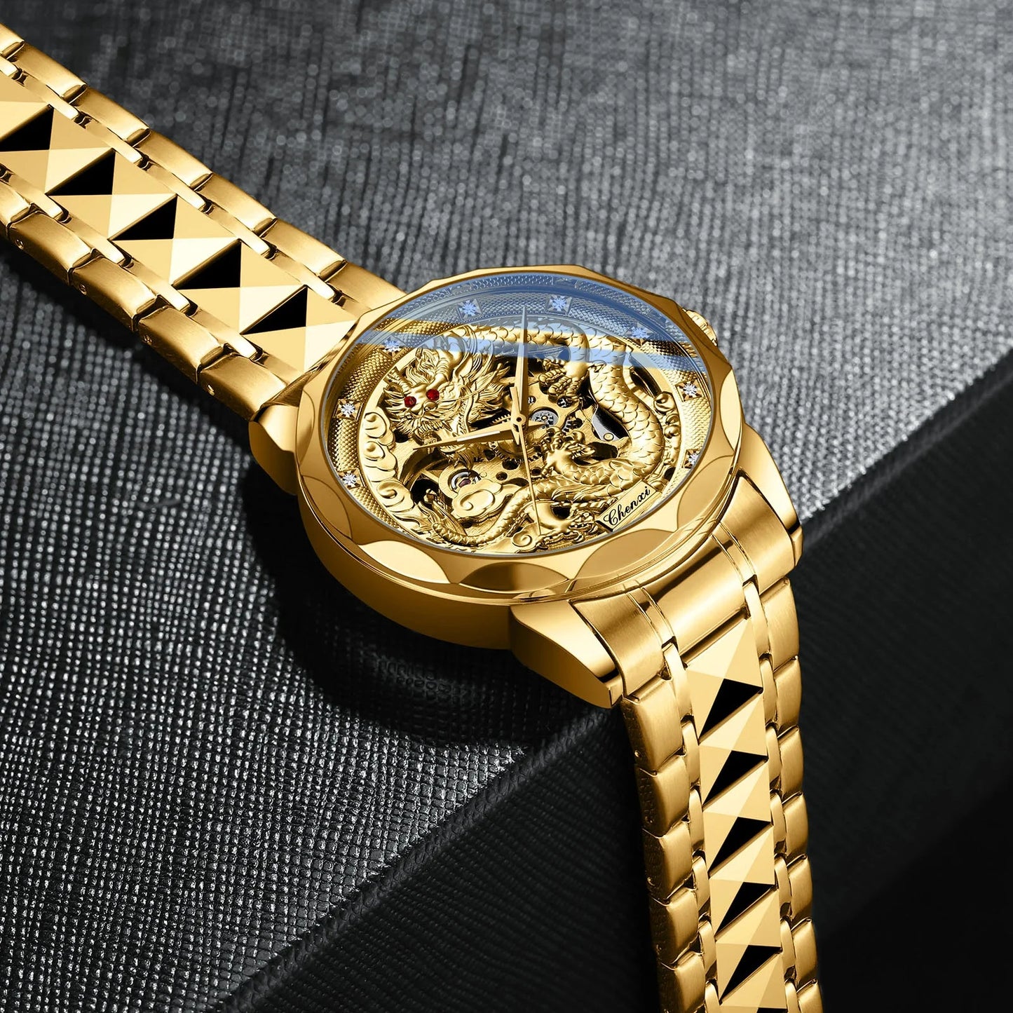 CHENXI 8899 Chinese Nation Culture and Art 3D Embossed Dragon Pattern Gold Automatic Mechanical Stainless Steel Watches for Men