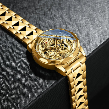 CHENXI 8899 Chinese Nation Culture and Art 3D Embossed Dragon Pattern Gold Automatic Mechanical Stainless Steel Watches for Men