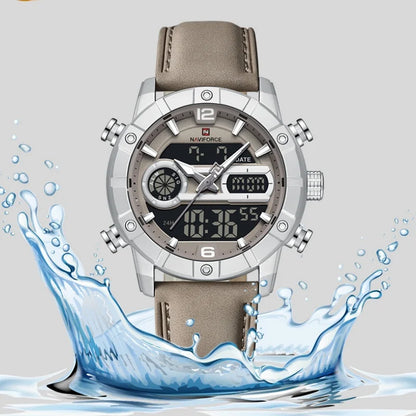 NAVIFORCE NF9263 Waterproof Watch Luminous Display Genuine Leather Strap Multi-Function Chronograph Countdown Timer Alarm NF9263