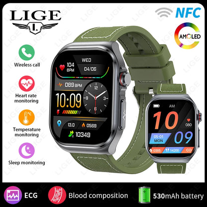 LIGE AMOLED Smart Watch ET585 Men ECG Blood Compositoin Health Monitoring Bluetooth Call Women Sports Fitness Tracker Smartwatch
