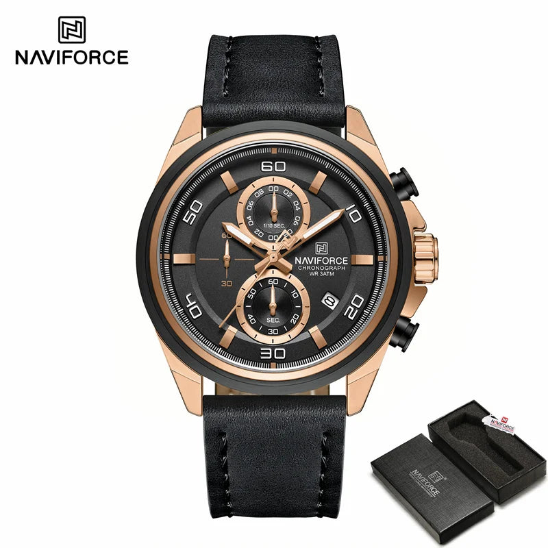 NAVIFROCE Business Casual Mens Watch 3ATM Water-Resistant Calendar Luminous Dial With Leather Strap For Gifts Original Design
