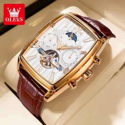 OLEVS 6675 Original Automatic Men's Watches Luxury Brand Square Dial Moon Phase Hollowed Flywheel Mechanical Wristwatch for Man