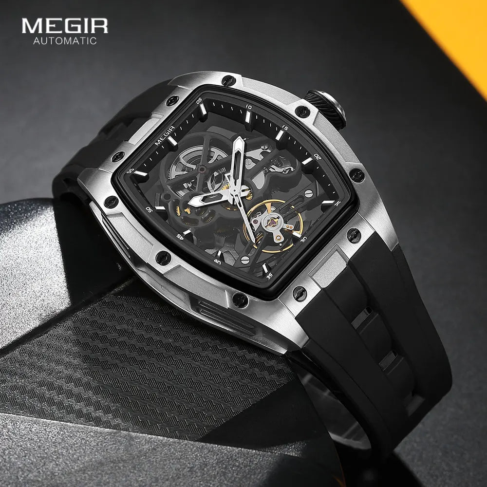 MEGIR Men Wristwatch Fashion Black Waterproof Automatic Mechanical Watch with Luminous Hands Silicone Strap Tonneau Dial 2242