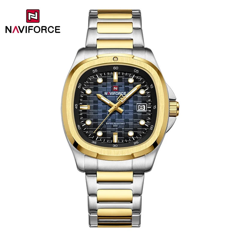 NAVIFORCE Fashion Men's Business Quartz Watch Stainless Steel Luminous Calendar Clock Male Square Dial Sports Wristwatch