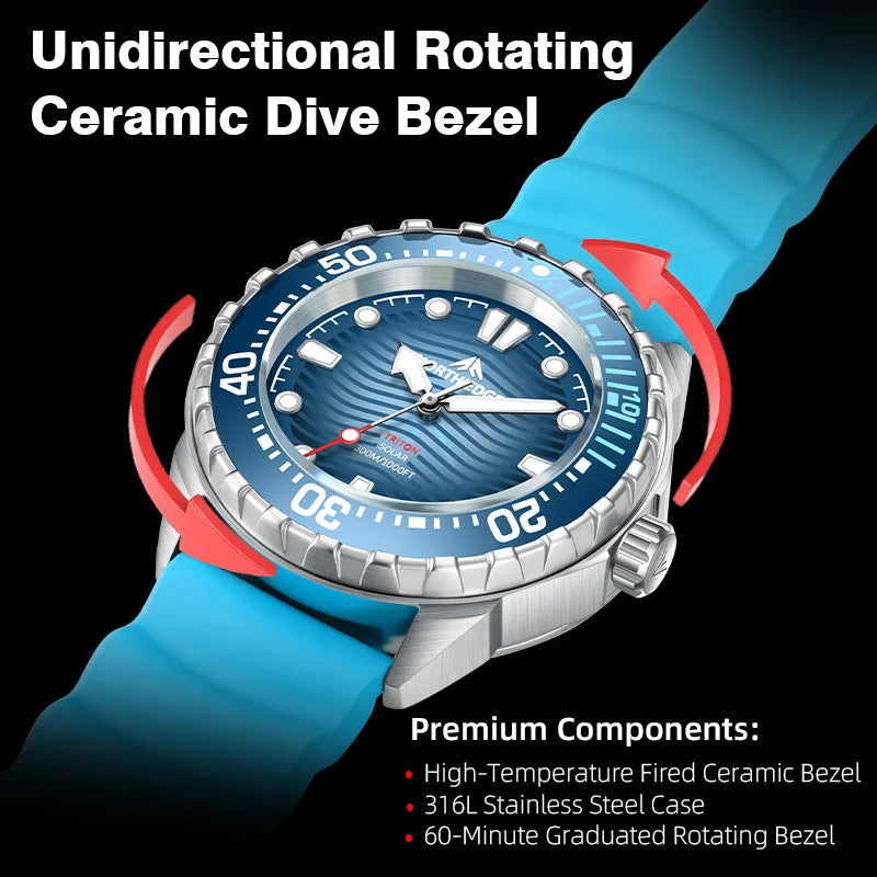 NORTH EDGE 2026 New TRITON Solar Powered Dive Watch Men Luxury Quartz Watches For Men 316L Stainless Steel Case Waterproof 300M