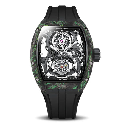 BONEST GATTI 2025 New Luxury Men Automatic Mechanical Tourbillon Skeleton Carbon Fiber Luminous Barrel Case Wristwatch