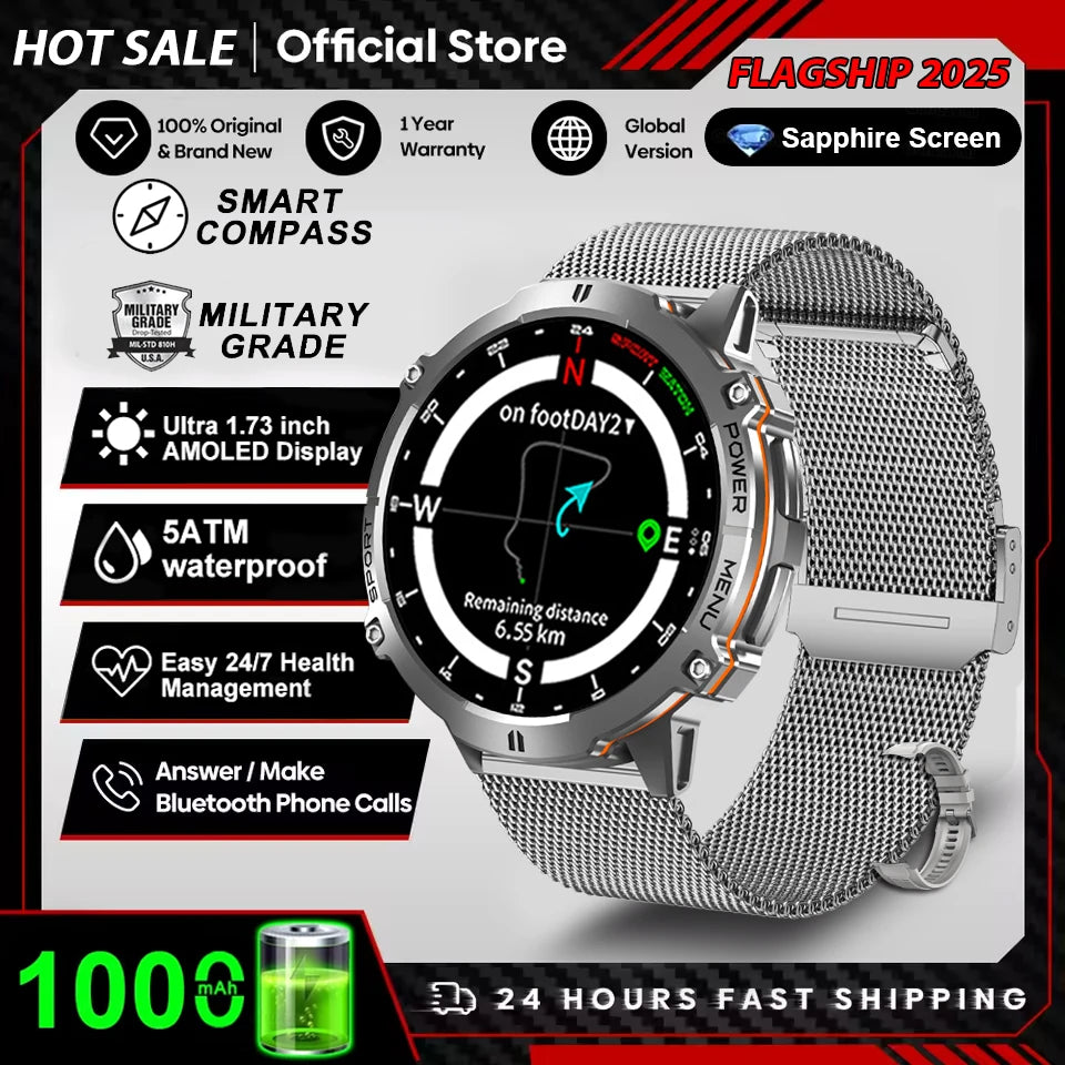2026 Military TANK X3 Smart Watch Men 1.73" AMOLED Screen 5ATM Waterproof 1000mAh Battery GPS Sports Fitness Track Smart Watches