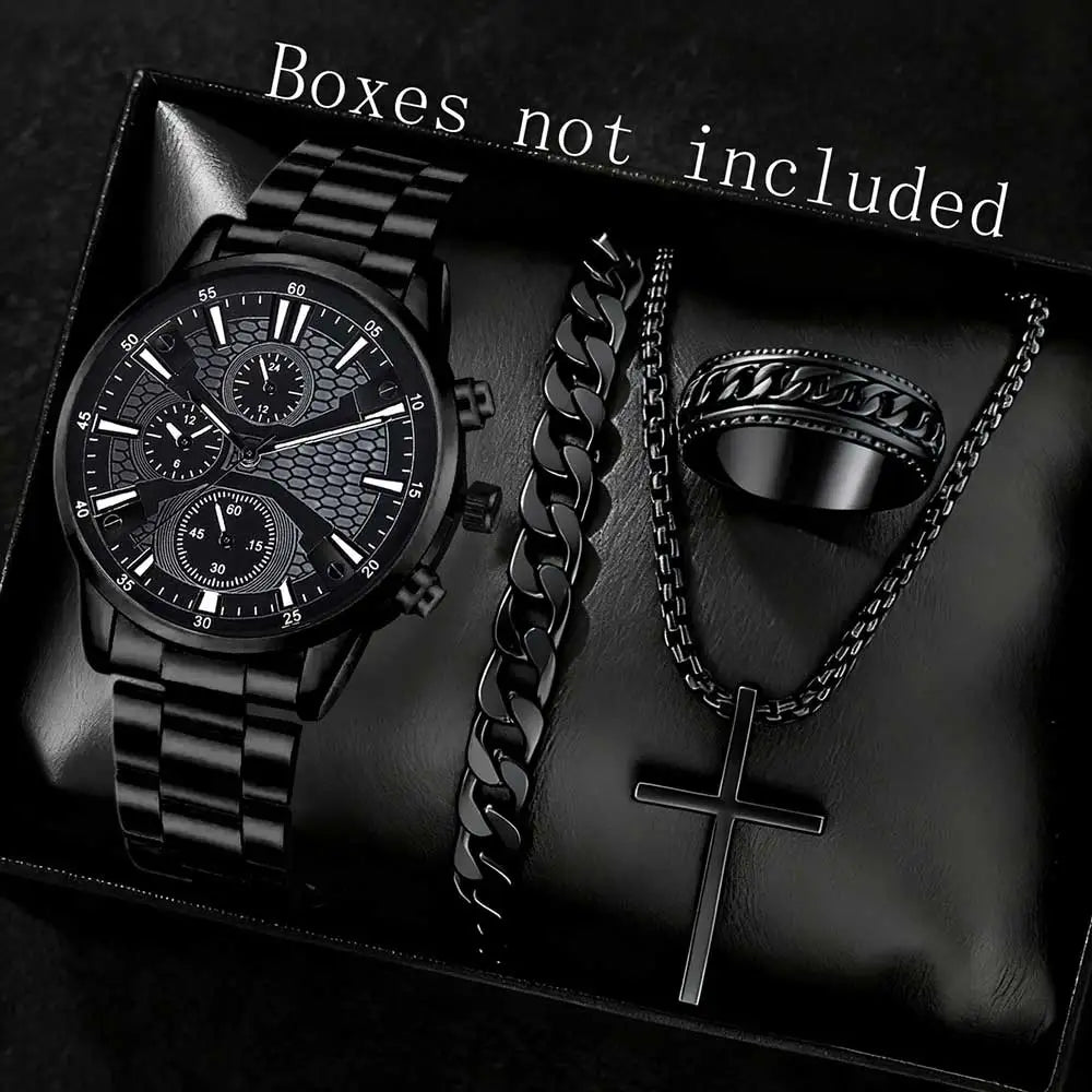 2/4PCS Black Men's Watch Set Business Trend Fashion Quartz Watch Jewelry Set Suitable for Daily Clothing Matching Perfect