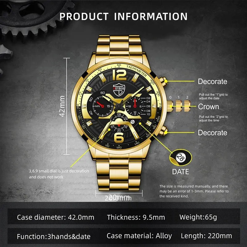 5PCS Set DEYROS Fashion Mens Calendar Watches Men Business Stainless Steel Quartz Wristwatch Male Casual Necklace Bracelet Watch
