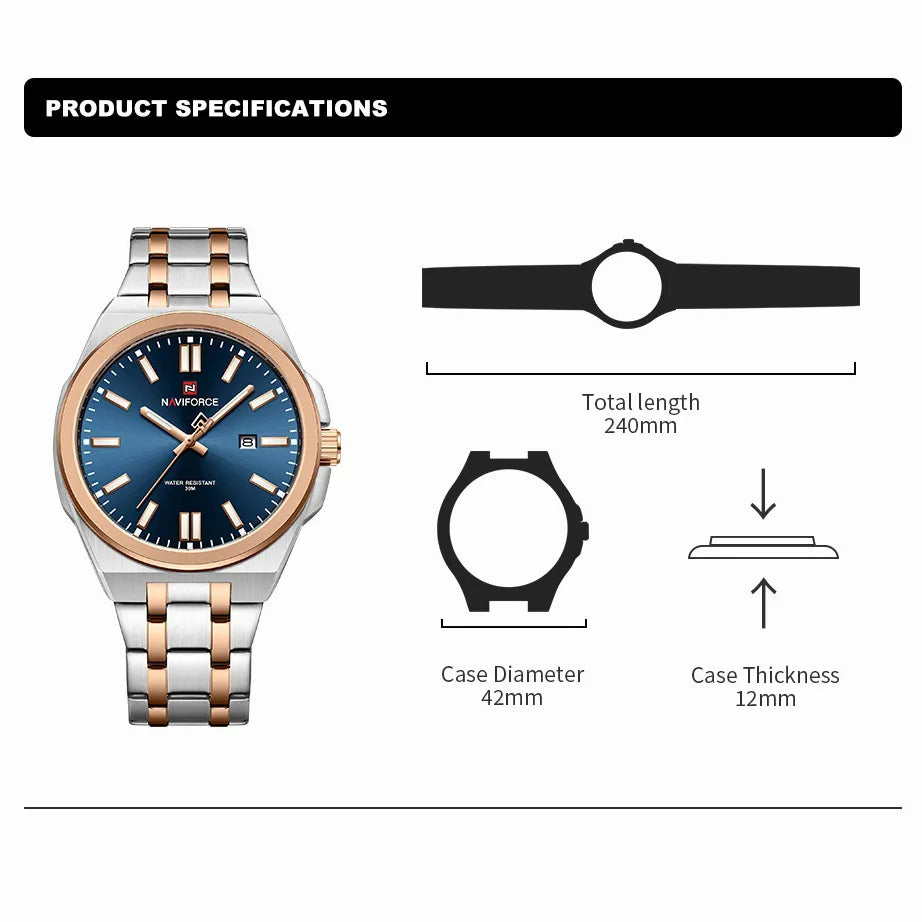 Top NAVIFORCE Men's Luxury Business Quartz Watch Luminous Steel Band Waterproof with Calendar Male Wristwatch Gift Reloj Hombre