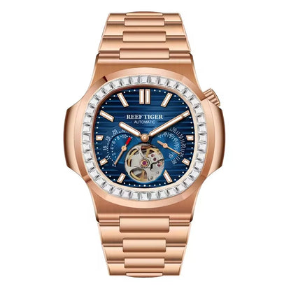 Reef Tiger Men Automatic Watch Luxury 44mm Square Mechanical Wristwatch Sapphire Luminous Skeleton Dial Date 24 Hours