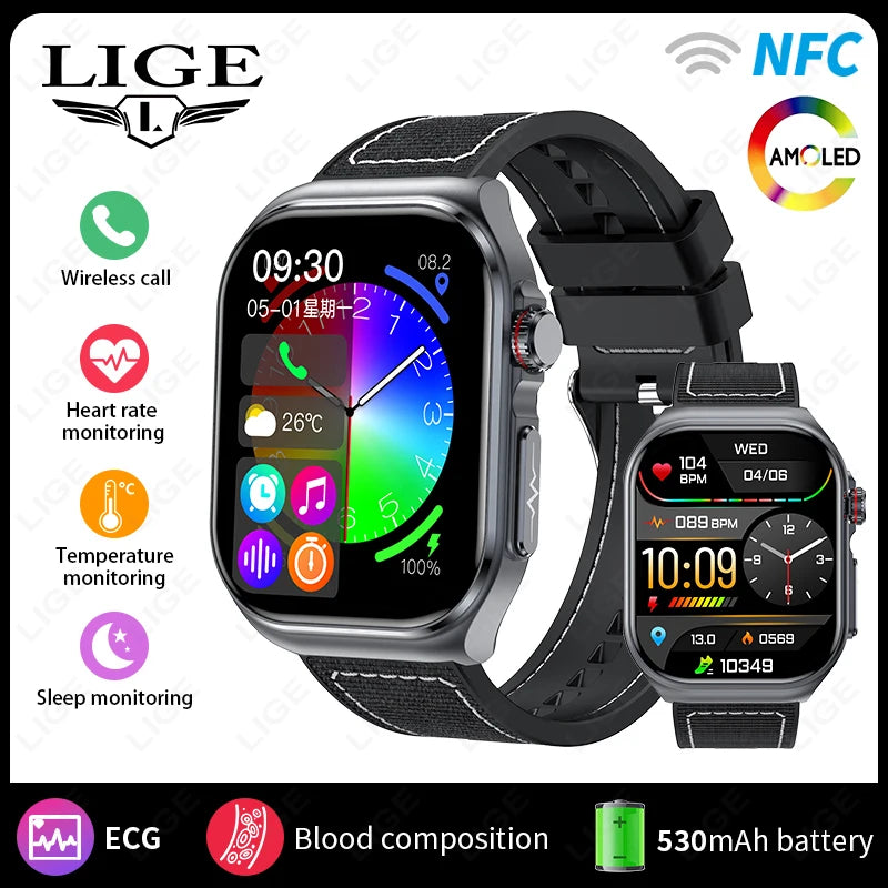 LIGE AMOLED Smart Watch ET585 Men ECG Blood Compositoin Health Monitoring Bluetooth Call Women Sports Fitness Tracker Smartwatch