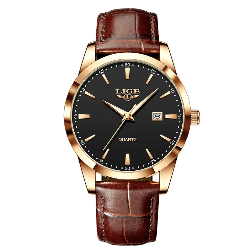 LIGE  Watch Fashion Leather Strap Mens Watches Military Quartz Wristwatches