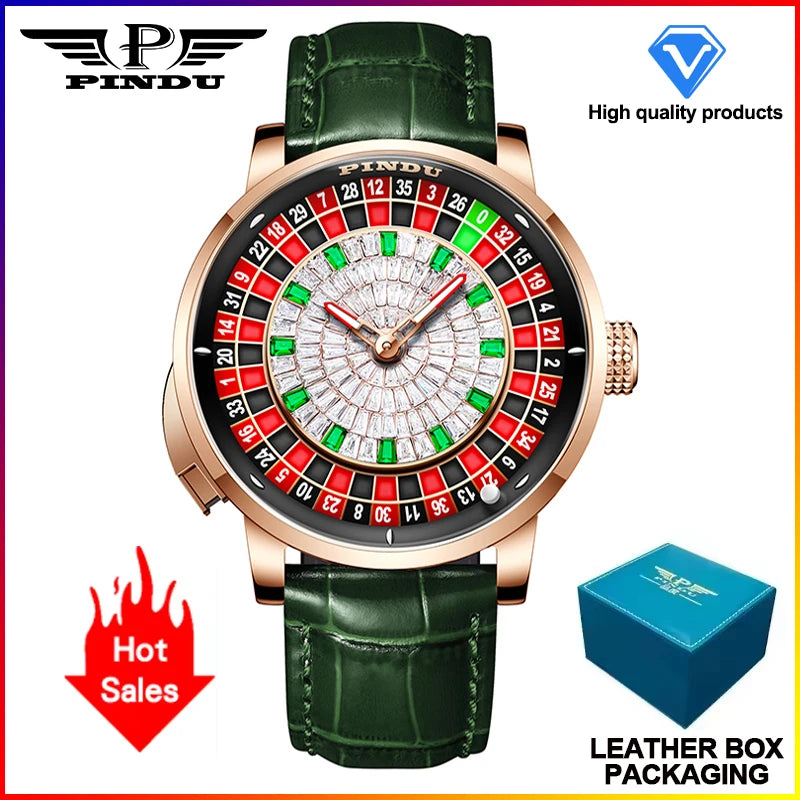NEW PINDU Design Button Rotating Red Diamond Dial Mechanical Watch Men NH35 Movement Stainless Steel Top Luxury Automatic Watch