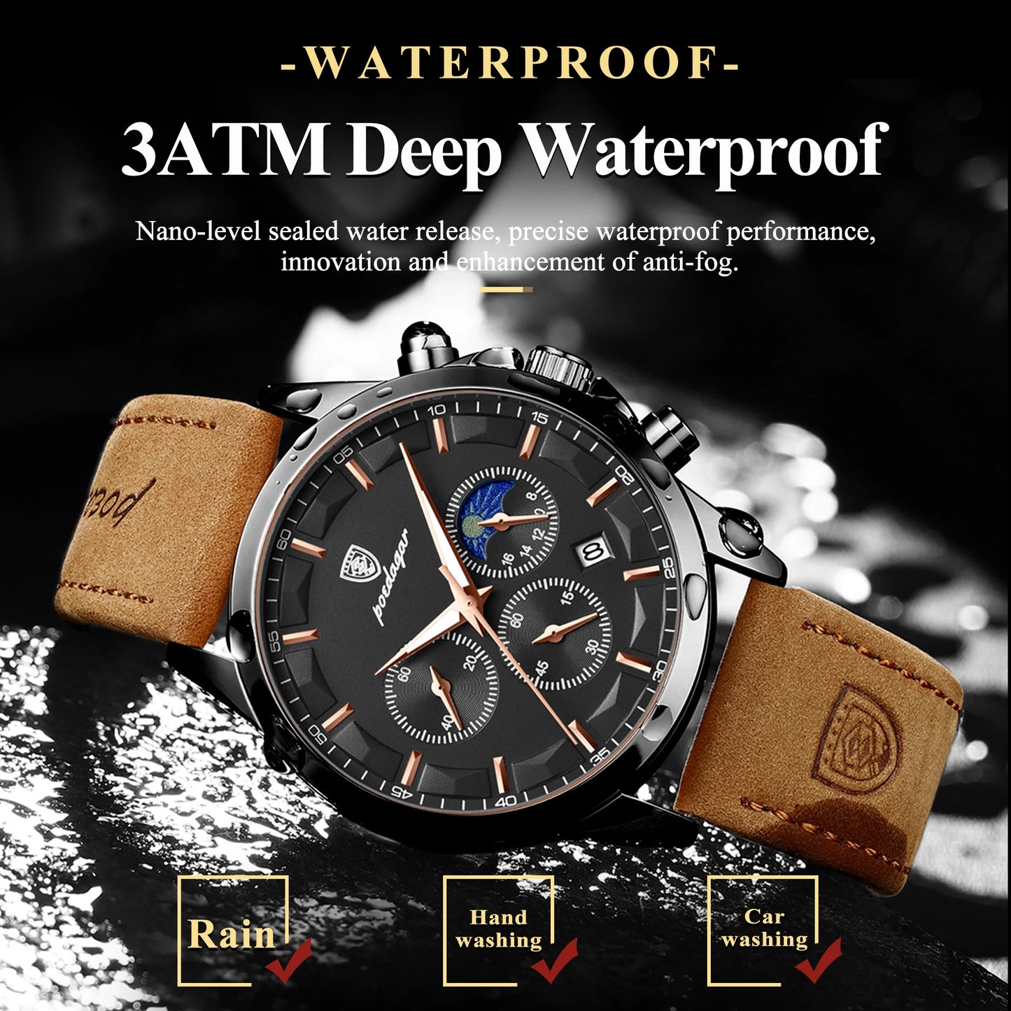 POEDAGAR Original Military Men Clock Waterproof Luminous Leather Quartz Man Watch Chronograph Date Luxury Business Men's Watches