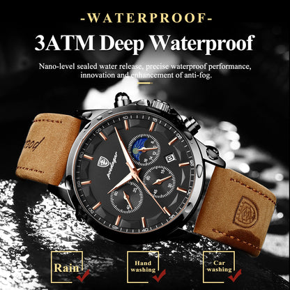 POEDAGAR Original Military Men Clock Waterproof Luminous Leather Quartz Man Watch Chronograph Date Luxury Business Men's Watches