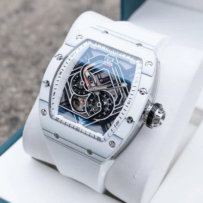 OBLVLO Men Automatic Watch 43mm Mechanical Tonneau Case Wristwatch Skeleton Racing Dial 50M Waterproof Luminous Miyota 82S7