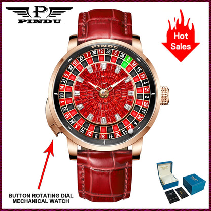 NEW PINDU Design Button Rotating Red Diamond Dial Mechanical Watch Men NH35 Movement Stainless Steel Top Luxury Automatic Watch