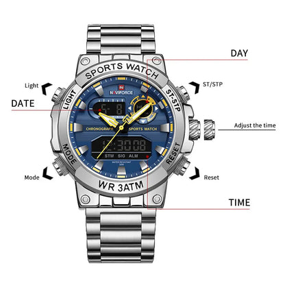 NAVIFORCE Mens Watch Dual Display Sport 30M Water Resistant Digital Chronograph Clock Army Military Style Male Wristwatch NF9237