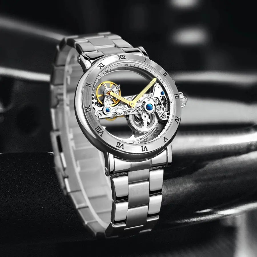 Forsining Luxury Skeleton Automatic Mechanical Watch for Men Golden Bridge Dial Steel Leather Strap Business Mens Watches Gifts