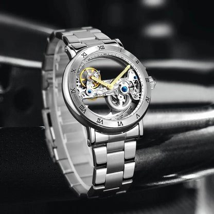 Forsining Luxury Skeleton Automatic Mechanical Watch for Men Golden Bridge Dial Steel Leather Strap Business Mens Watches Gifts