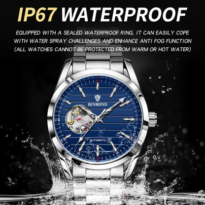 BINBOND Luxury mechanical wristwatches for men luminous waterproof automatic tourbillon men's watch vintage skeleton reloj