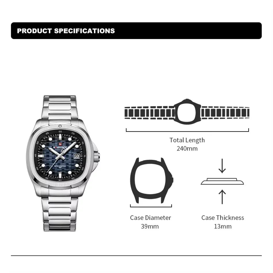 NAVIFORCE Fashion Men's Business Quartz Watch Stainless Steel Luminous Calendar Clock Male Square Dial Sports Wristwatch