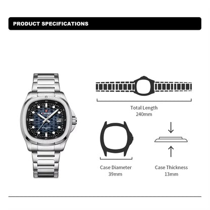NAVIFORCE Fashion Men's Business Quartz Watch Stainless Steel Luminous Calendar Clock Male Square Dial Sports Wristwatch