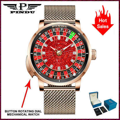 NEW PINDU Design Button Rotating Red Diamond Dial Mechanical Watch Men NH35 Movement Stainless Steel Top Luxury Automatic Watch