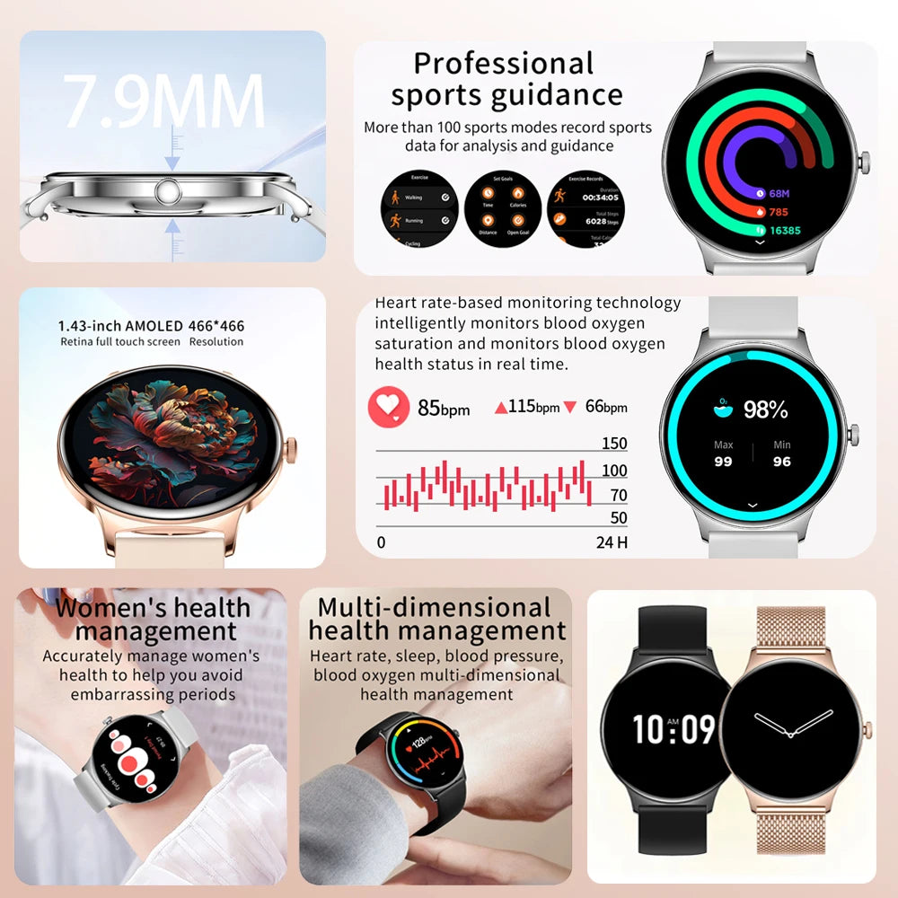 2026 New 7.9MM Ultra Thin Smart Watch Women Screen Always Display Time Sports Bracelet Bluetooth Call Fashion Smartwatches ios