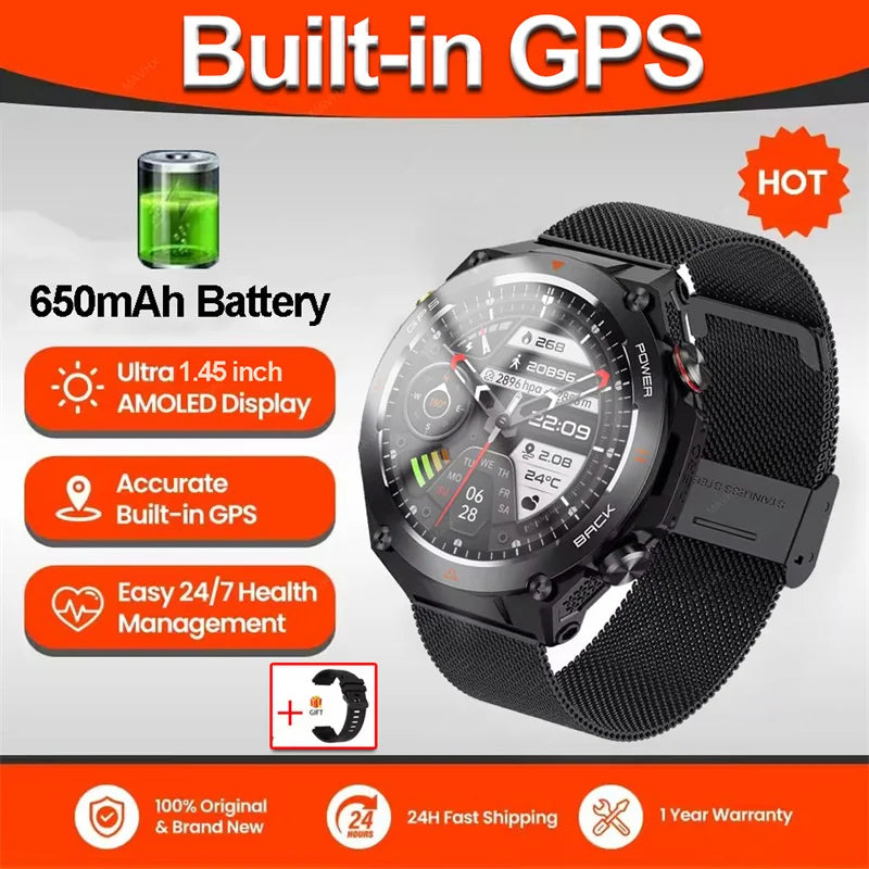 2026 New Military Outdoor Sports Smart Watch Men P68 Waterproof Built-in GPS Compass 650mAh Battery Bluetooth Call Smar twatch
